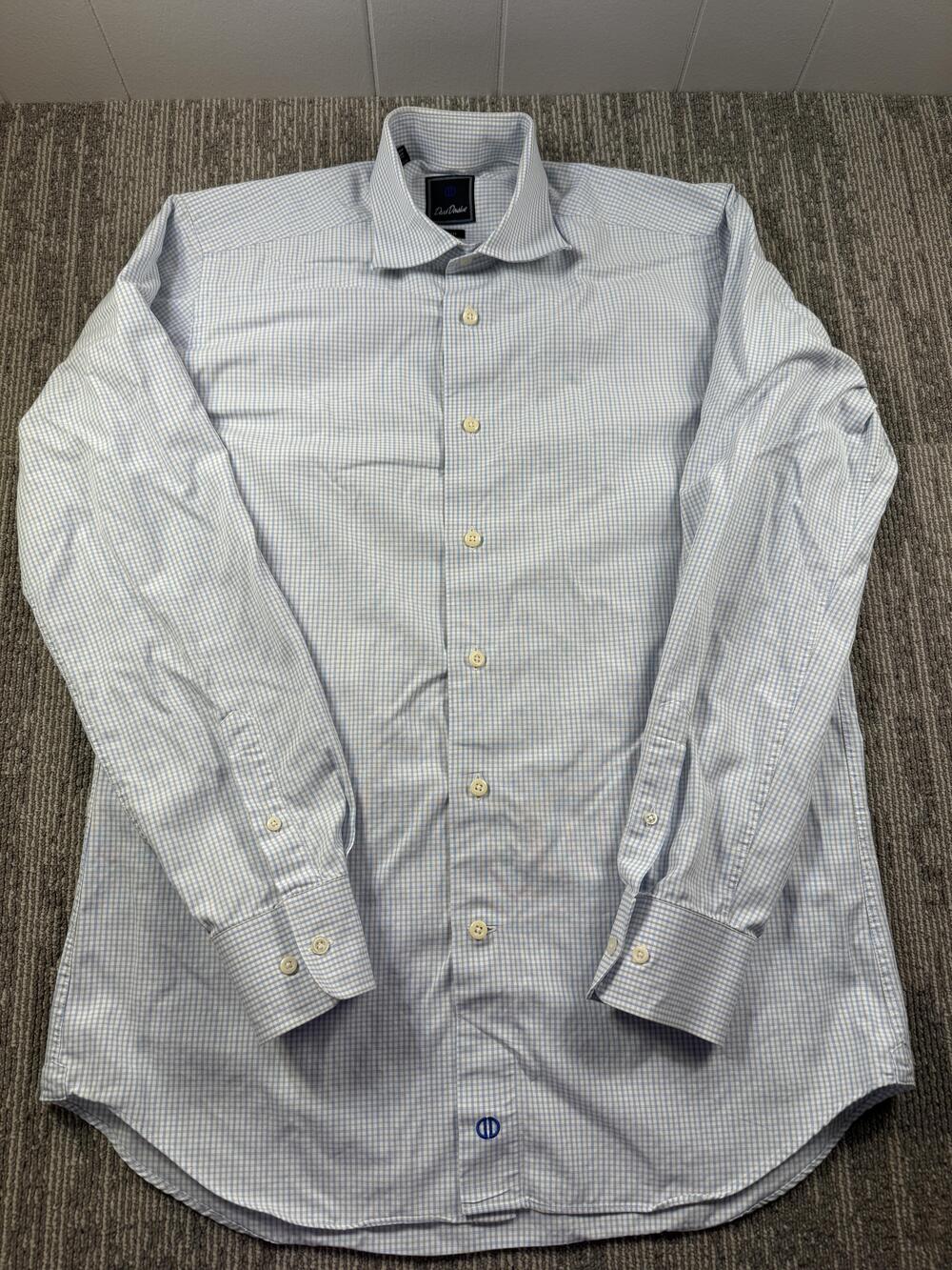 David Donahue Dress Shirt Mens 16 34/35 Blue Check Trim Fit Cotton LS Business